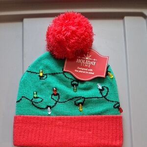 Holiday Time Festive Green Beanie with Red Pom Pom & Lights (Hat007,008)